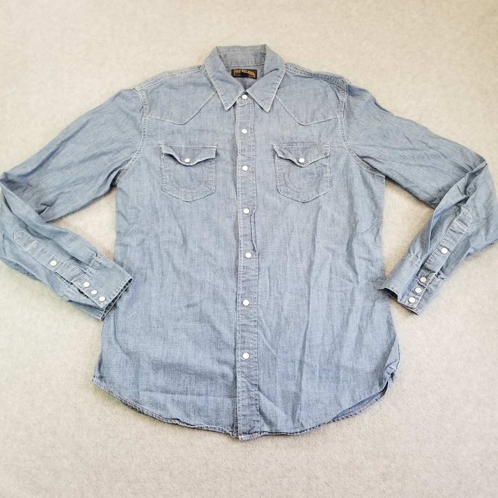 True Religion Shirt Mens Medium Blue Western Pearl Snap Denim Chambray Horseshoe